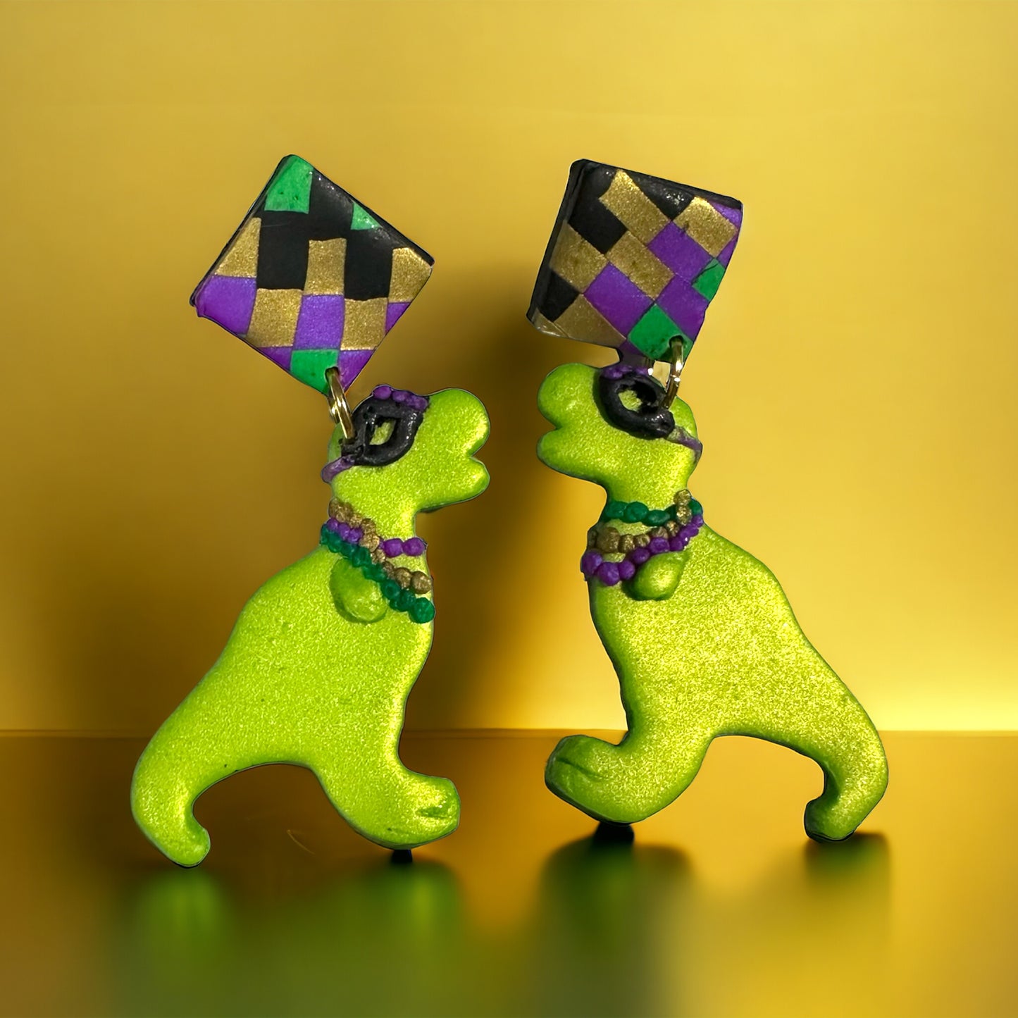 Mardi Gras T-Rex earrings